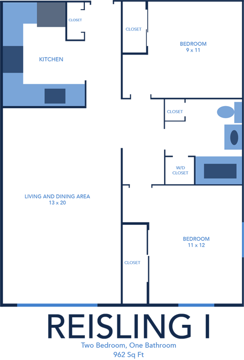 2 bed 1 bath Reisling Floor Plan at CenterPointe Apartments and Townhomes in Canandaigua NY 14424